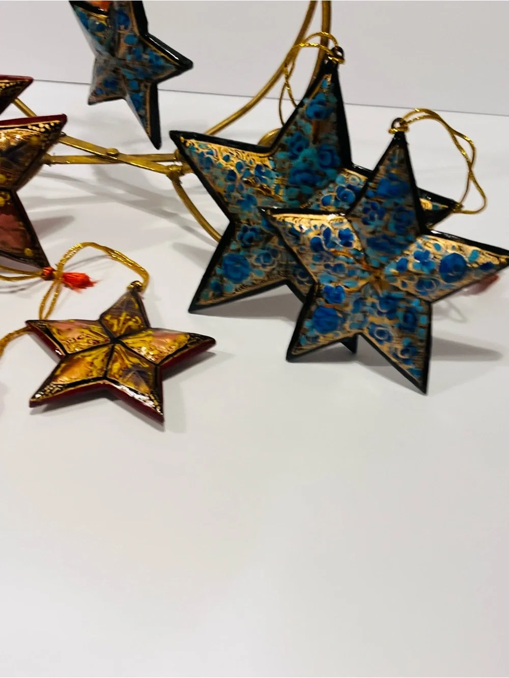 Vtg Lacquered Wood Hand Painted Blue, Red, Gold Flowers Christmas 6 Ornaments